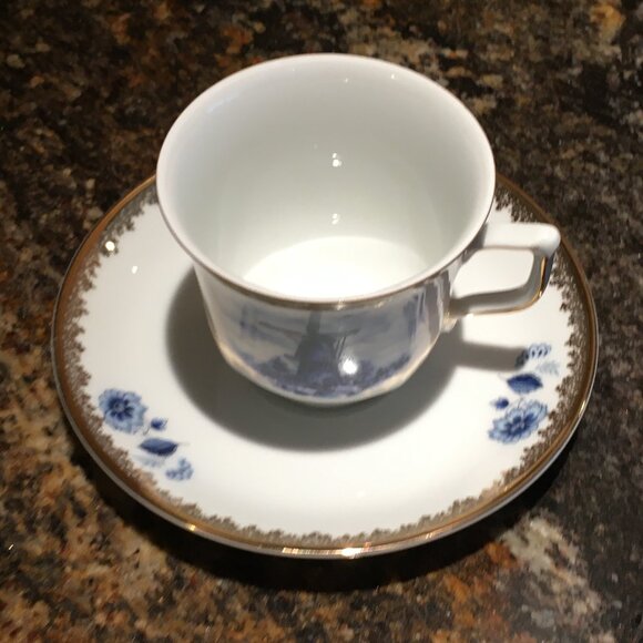 Two Delft Blue and Gold Porcelain Holland Teacup and Saucer Set - Picture 9 of 15